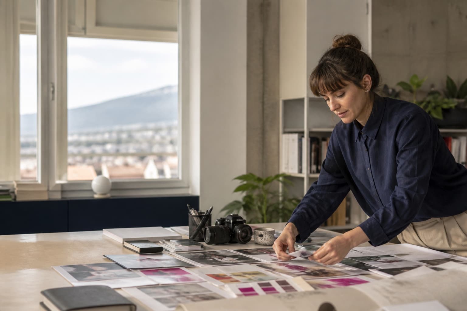 Creative Managerin entwickelt in einem hellen Bieler Studio ein Kampagnenkonzept