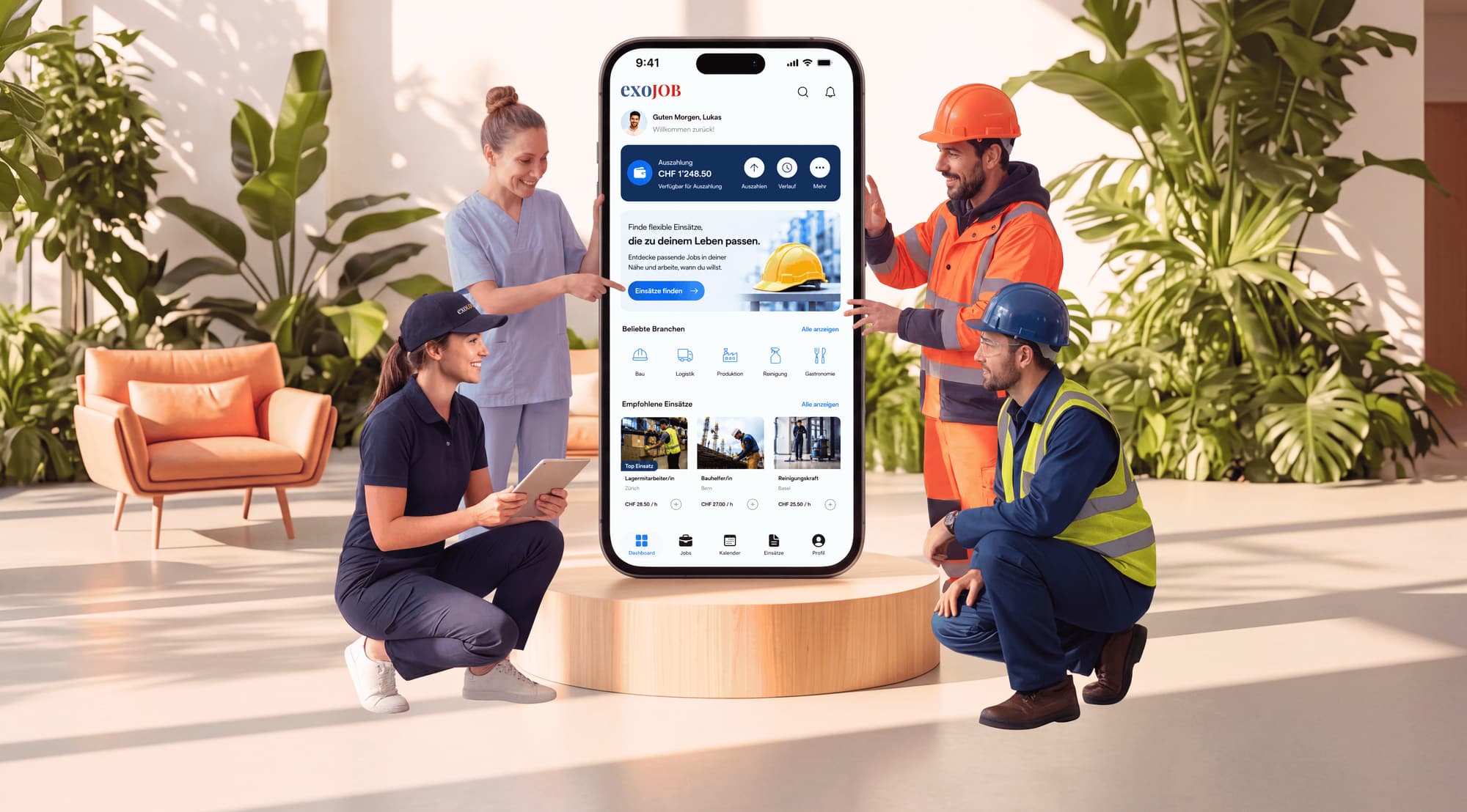 Fachkräfte aus verschiedenen Branchen mit der exojob App